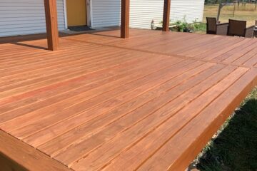 Freshly stained exterior wood deck